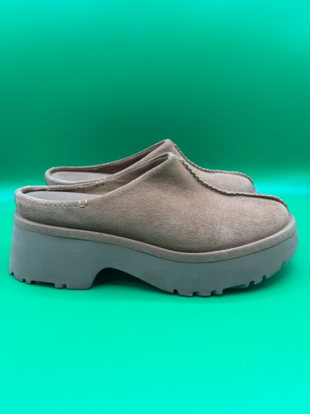 UGG Taupe Suede Platform Mule Clogs